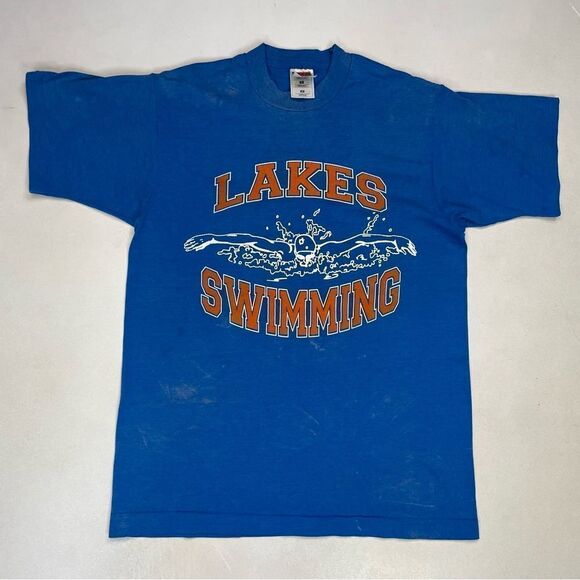 VINTAGE Lakes Swimming Graphic T-shirt Men Small Blue 90s Single Stitch - Picture 1 of 12